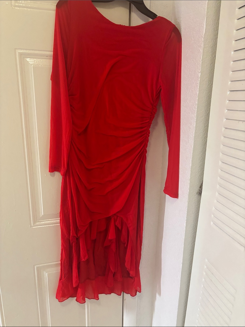 Women's Red Ruched High-Low Dress with Long Sleeves